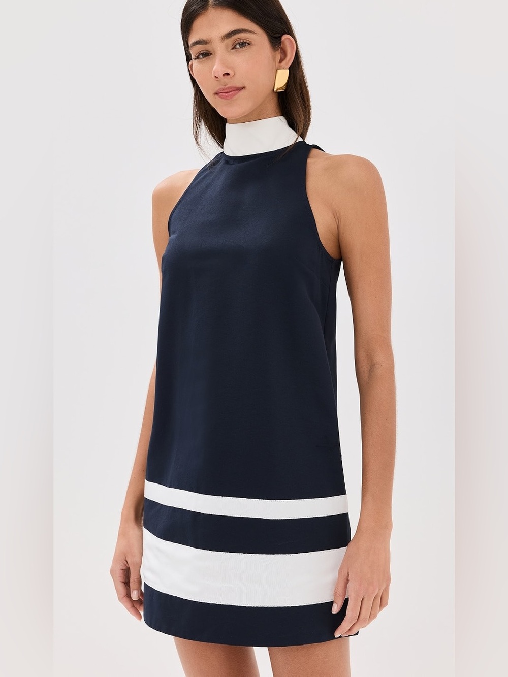 NWT STAUD Ahoy Navy Blue White Mock Neck Sleeveless Shift Mini Dress Size SMALL